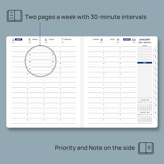 POPRUN 2026 Weekly Planner (Medium 7'' x 8.5''), 30-Minute Hourly Appointment Book (Jan 2026-Dec 2026) with Monthly Tabs, Inner Pockets, Pen Holder, PU Leather Softcover, 100GSM - Dark Green