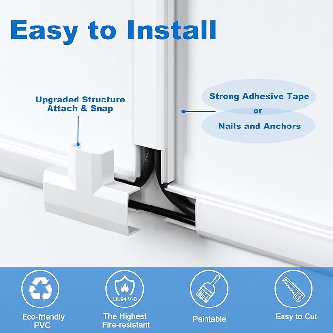 204in Wall Cable Hider, Cord Hider to Hide 2-3 Cords, TV Wire Hider for Wall, Cable Management Kit, Cable Raceway White, Paintable Cable Concealer, 12 x L17in W0.98in x H0.5in