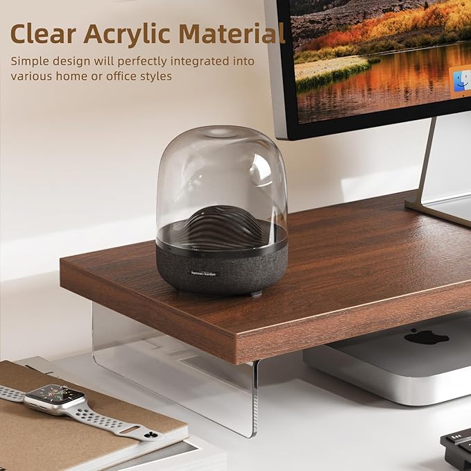 SSWOOD Monitor Stand Riser, Wood & Acrylic Computer Monitor Stand Desk Desktop Organizer Table For Home, Office Workspace, Laptop Riser, Printer, PC & TV Screen Riser