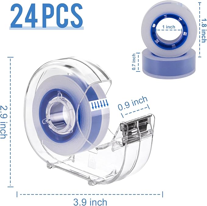 JEFURE 24 Pcs Transparent Tape with Dispenser, 0.7 x 1000 in Blue Core Clear Tape Rolls Bulk, Office Tape Refills for Desk, Craft, and Gift Wrapping