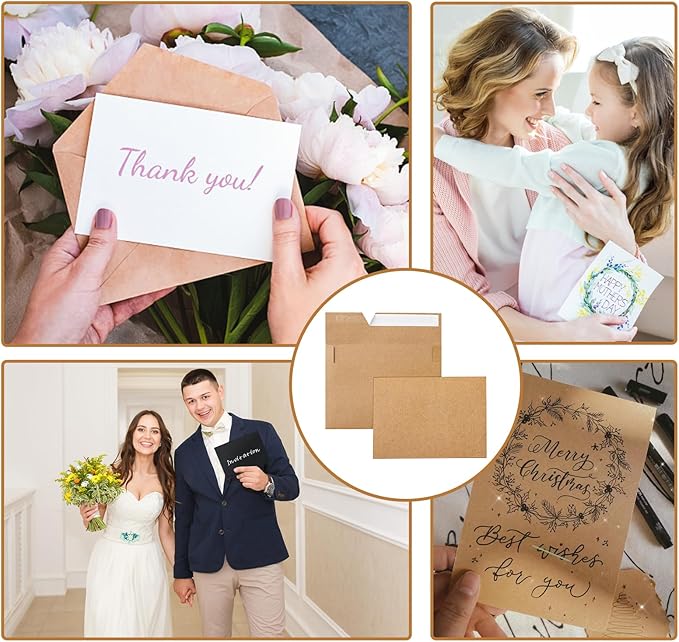 Silunkia Brown Blank Note Cards and Envelopes 4 x 6 Heavyweight Single Panel Cardstock and A4 Envelopes Printable Self Seal 20 Packs for Wedding Invitations, Baby Showers, Thank You Cards