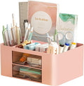 Marbrasse Pen Organizer with 2 Drawer, Multi-Functional Pencil Holder for Desk, Desk Organizers and Accessories with 5 Compartments + Drawer for Office Art Supplies (Pink)