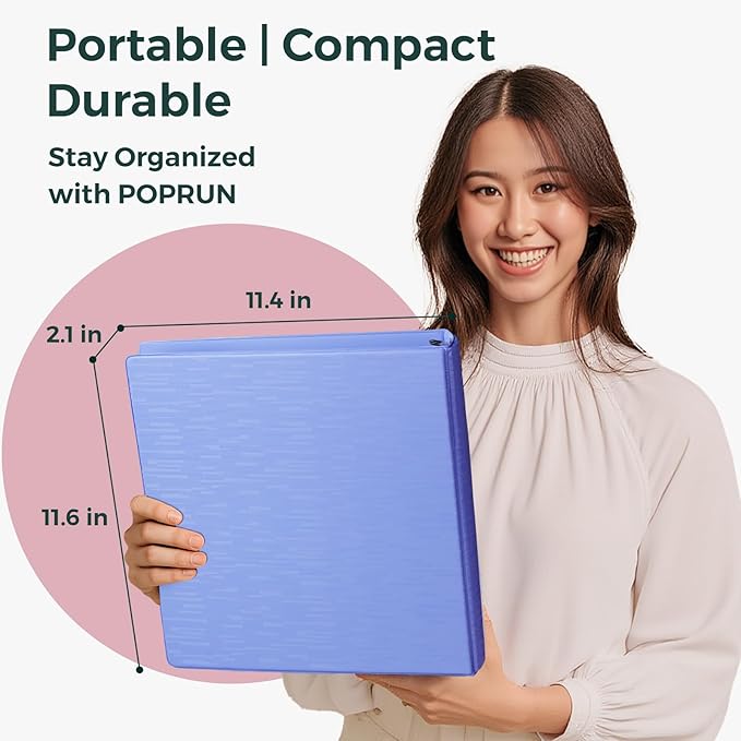 POPRUN 3 Ring Binder 1.5 Inch, PVC-Free, Holds 325 Sheets of 8.5 x 11 Paper, Extra Durable Organizer with 2 Pockets for School & Office, Heavy-Duty, 2 Pack, Pink