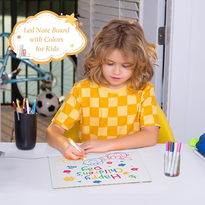 Acrylic Dry Erase Board with Light 11.8 X 7.9” Clear Light up Dry Erase Board with Stand Desktop Glow Memo LED Letter Rewritable Message Board White Board LED Note Board with 7 Color Markers