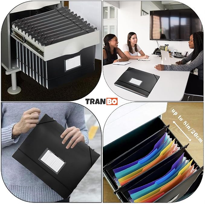 TRANBO 7-Pockets Hanging File Folder with Retractable Hooks for Filing Cabinet, Letter Size Expandable Accordion File Organizer with Elastic Band for File Frame or On-The-Go Use (6 Pack)