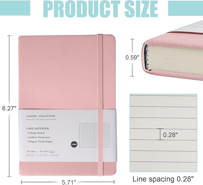 EMOMAS Lined Journal Notebook – Hardcover Notebook for Men & Women – Journals for Writing, Work, School, Home & Daily Notes, 160 Pages – Medium A5, 5.7"x8", 100 gsm Thick Paper (Pink)