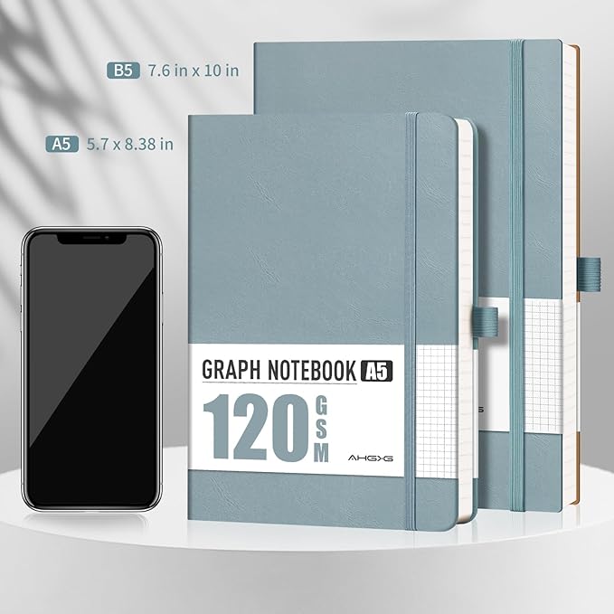 AHGXG Graph Paper Notebook - Grid Notebook Journal, 120 GSM Thick Graph Paper, Large B5 Notebook 96 Pages, Leather Softcover, for Graphing, Writing, Math, Engineering, 7.6'' X 10'' - Gray Blue