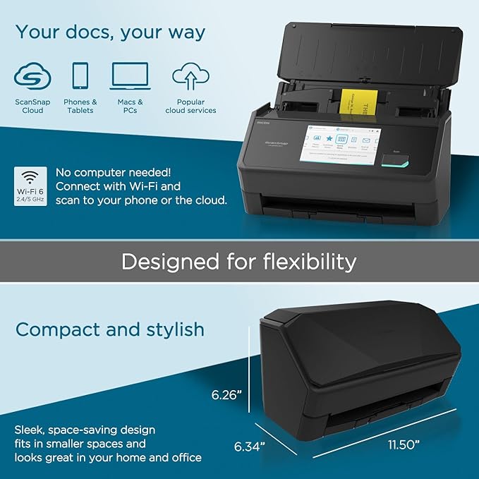 ScanSnap iX2500 Wireless or USB High-Speed Cloud Enabled Document, Photo & Receipt Scanner with Large 5" Touchscreen and 100 Page Auto Document Feeder for Mac or PC, Black