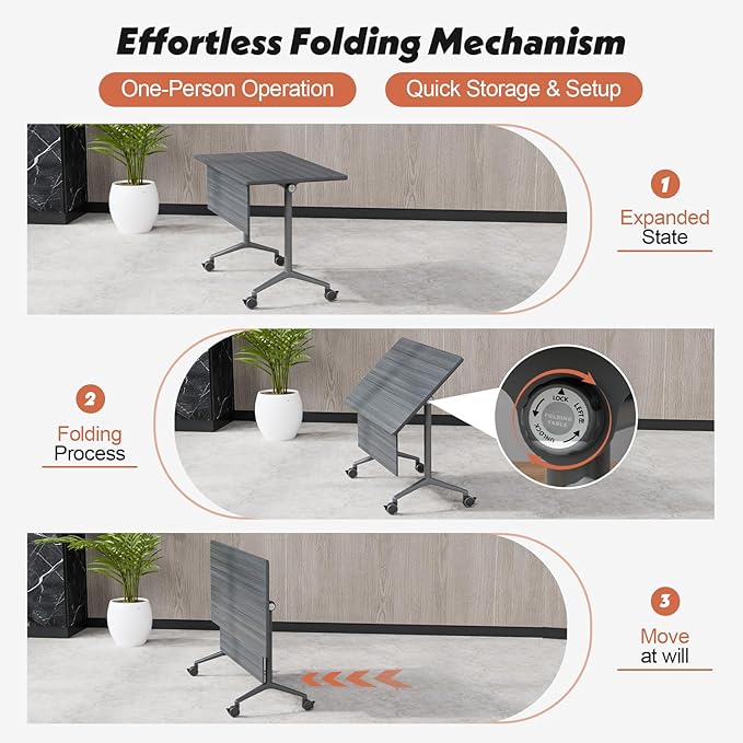 Goakwwuz Conference Room Table, Folding Conference Tables,Thicken Grey Tabletop,Flip Top Wooden Seminar Meeting Room Table for Conference Room Offices (10, BlackWoodGrain, 61.0“)