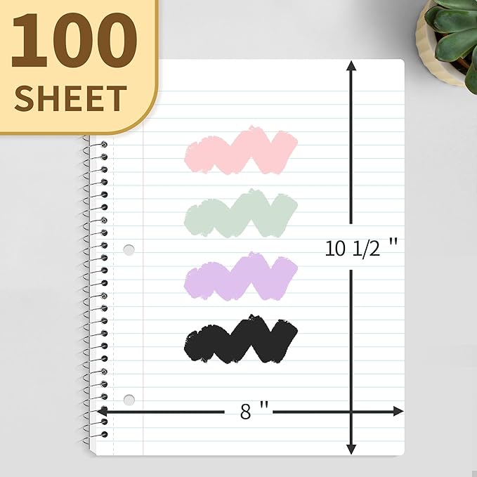 SUNEE Spiral Notebook, 1-Subject, Wide Ruled Paper, 8" x 10-1/2", 100 Sheets per Notebook, 3-Hole Punched Paper, Water Resistant Cover, Double-sided Pockets, Spiral Lined Notebooks for School, Black