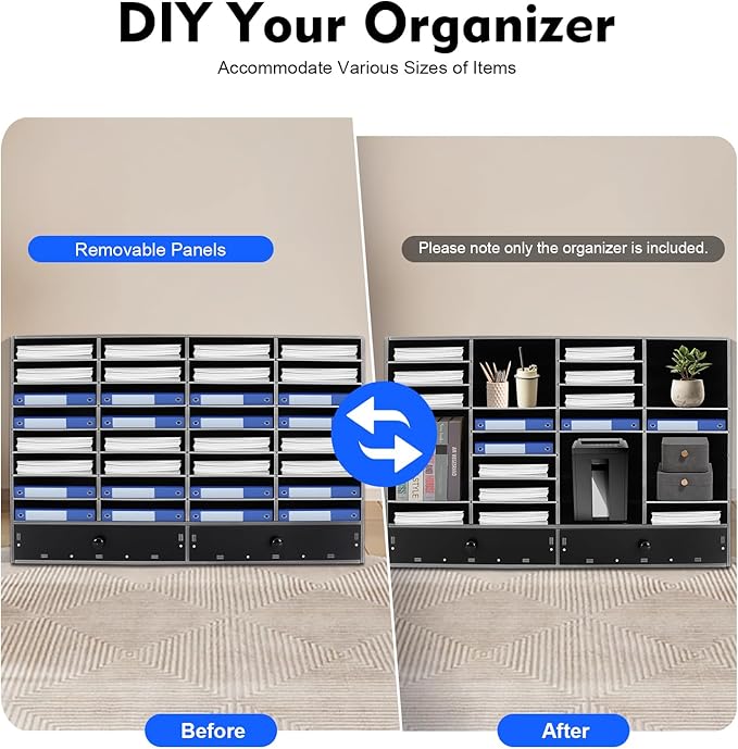 SHIECAMASIC Literature Organizer, 32 Compartments Office Mailbox with 2 Drawers & Adjustable Shelves, Durable Desktop File Sorter for Home, Office and School (Black)