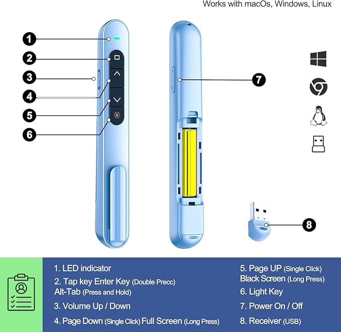 QUI Presentation Clicker for PowerPoint, RF 2.4GHz USB Wireless Presenter Remote with Volume Control, PowerPoint Clicker Slide Advancer for Mac, Windows, Laptop, Keynote