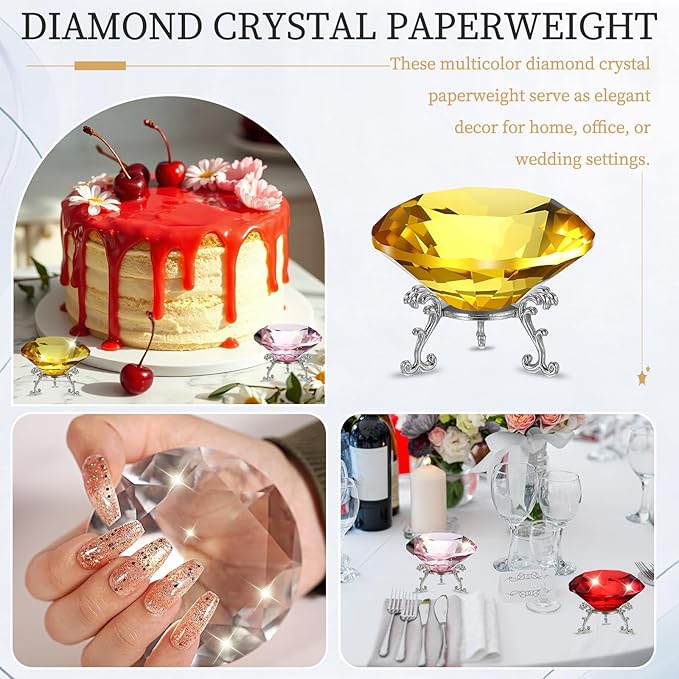 PATIKIL Diamond Crystal Paperweight, 80mm / 3.15" Crystal Paperweight Paper Weight with Silver 19 Metal Base for Home Office Desktop Table Decor Wedding Party Ornaments, Yellow