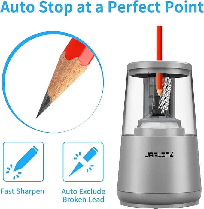 JARLINK Electric Pencil Sharpener, Heavy-Duty Helical Blade to Fast Sharpen, Auto Stop for No.2/Colored Pencils(6-8mm), AC Adapter/Battery Operated in School Classroom/Office/Home (Gray)