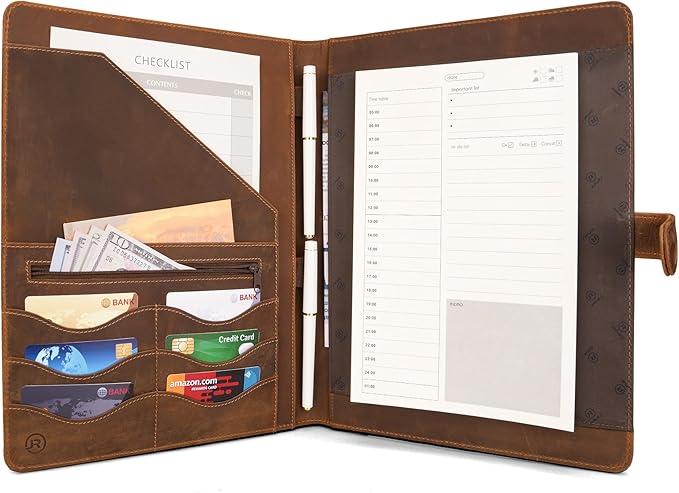 Full Grain Leather Portfolio with Magnetic Closure, Professional Business Padfolio Organizer for Men Women, A4 Document Folder, Card Slots, Pen Loop, 10x13", Luxury Gift Set