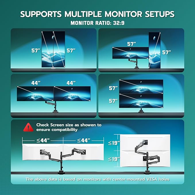 ARES WING Vertical Dual Monitor Mount - 24-57" Aluminum Heavy Duty Monitor Arms for 2 Monitors, Fully Adjustable Gas Spring Stacked Monitor Stand with 75/100/200 Vesa Mount, Black
