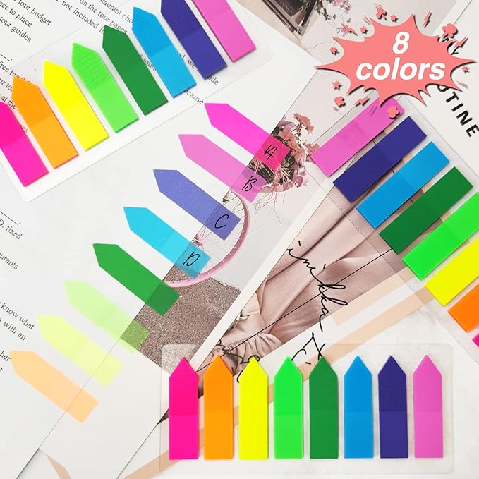 KICNIC Page Markers Colored Sticky Tabs 1600 Pcs, Translucent Arrow Flags for Page Marking, Fluorescent Index Tab Stickers for Notebooks, Small Sticky Notes Flags [8 Colors, 8 Sets]