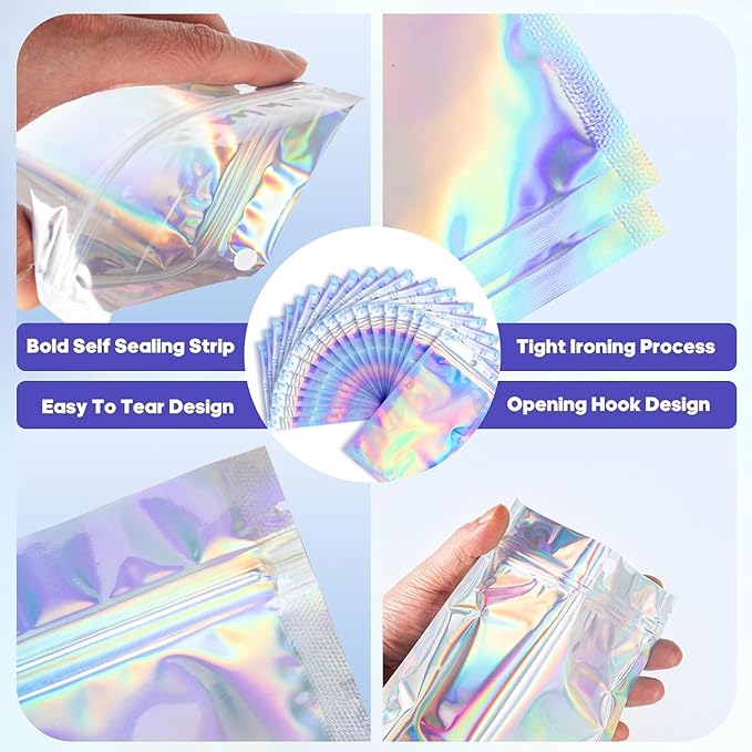 6x9 inch Holographic Bags with Party Favor Mylar Bags Coffee Storage for Small Business 50Pcs Resealable