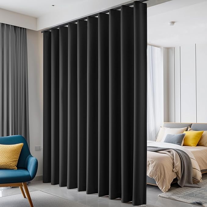 hoeflife Room Divider Curtains Blackout Floor to Ceiling Curtain with Hook Wall Mount Sliding Door Curtains Ceiling Mount Extra Wide Curtain Wall Divider for Room Separation (Black, W100 x H96 Inch)