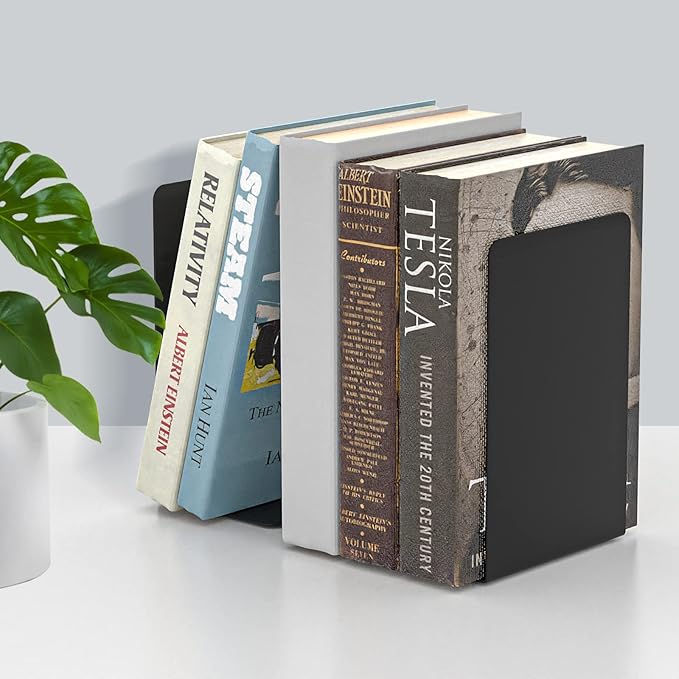 VFINE Bookends 1 Pair, Black Metal Book Ends, Heavy Bookends for Shelves, Book Stopper for Heavy Books, Book Organizer for Home Office School Supplies