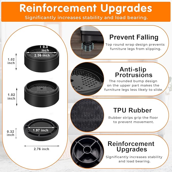 Furniture Risers Bed Risers Heavy Duty 1 inch, 2 inch, 3 inch, 4 inch Round Adjustable Bed Lifts Riser for Desk Legs Table Couch Sofa Chair Refrigerator Washing Machine (1 Inch, Black, 6 Pack )