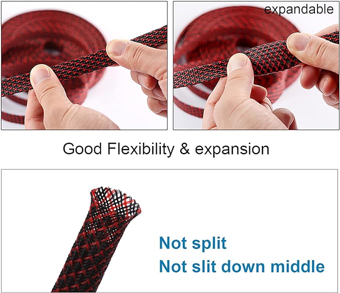 25ft - 1/4 inch PET Expandable Braided Sleeving – BlackRed – Alex Tech Braided Cable Sleeve