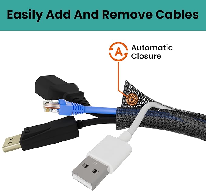 Cable Management Sleeve 10ft (120 inch) - 1/2 inch, PET Expandable Braided Cord Organizer, Split Wire Loom Tubing Reversible Cord Protector for TV USB PC Ethernet Cable Hider Protect Pets Kids