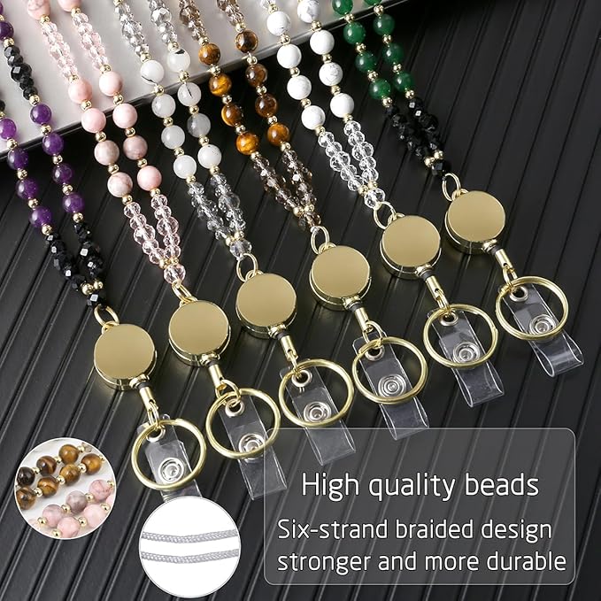 AIDSOTOU Lanyards for ID Badges and Keys,Natural Stone Beaded Teacher Lanyard for Women,Retractable Lanyard with ID Holder Cute Lanyards for Teachers (Purple)