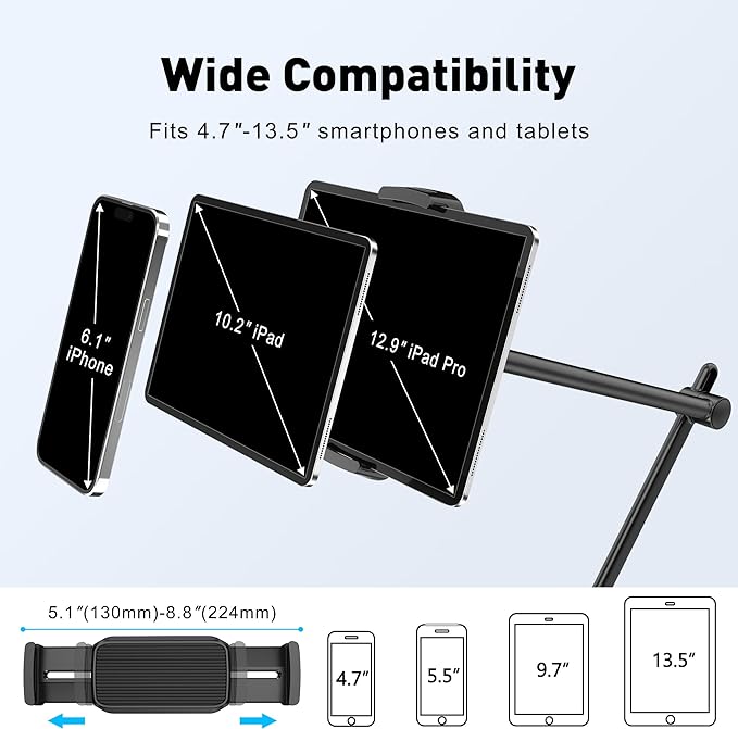 AboveTEK Tablet Stand Holder for Desk & Bed, Aluminum iPad Holder Arm with 360° Rotating Clamp, Adjustable Phone Stand Compatible with 4.7"-13.5" iPad Pro/Air/Mini, iPhone, Galaxy Tab- Black