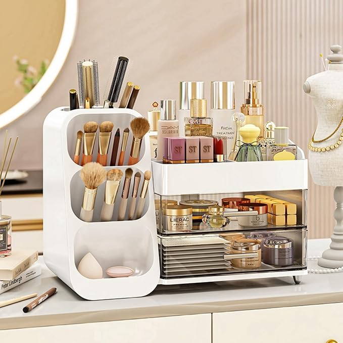 KQJS Makeup Organizer with Drawers,Large Capacity Countertop Organizer for Vanity,Bathroom and Bedroom Desk Cosmetics Organizer,Easy To Storage Skincare,Brushes, Eyeshadow, Lotions, Lipstick (White)