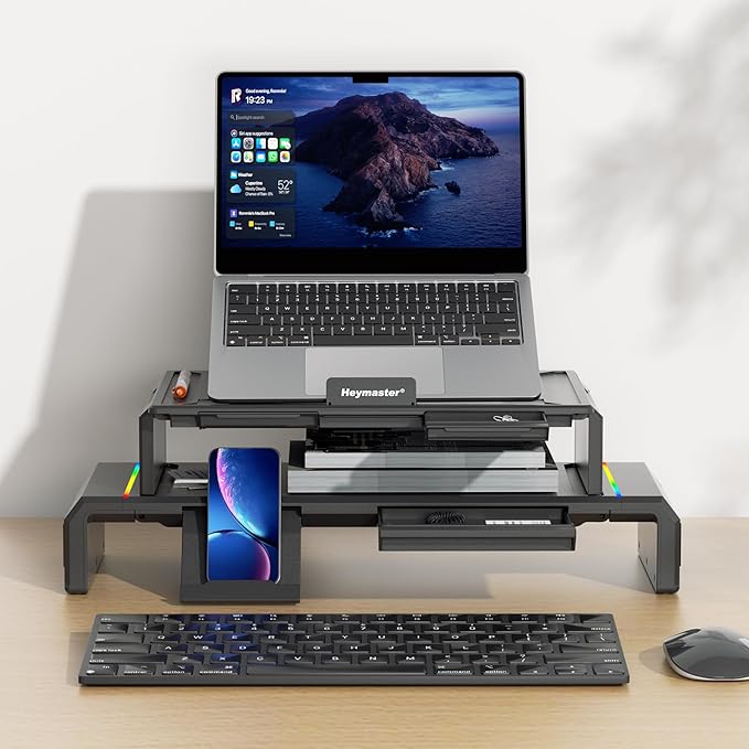 Heymaster Dual Monitor Stand for Desk, Gaming Monitor Riser with RGB Light, Foldable Computer Monitor Stand Riser, Desk Organizers and Accessories for Desktop, Printer (Black)
