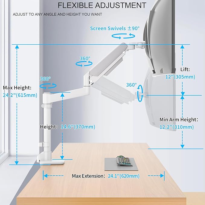 GUZHIKU Monitor Arm for 17 to 60 inch, Hold 44 lbs, Fully Adjustable Heavy Duty Desk Mount, Monitor Stand Fit 57 55 49", Ultrawide Monitors Bracket Clamp/Grommet Base VESA 75x75/100x100 (White)