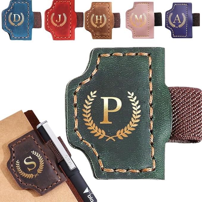 Personalized Mark Bookmark with Pen Holder, Leather Magnetic Book Marker 26 Letters,Custom Initials Page Marks, Gifts for Book Lovers Readers Men Women (Green, P)