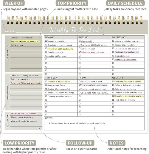104 Pgs Weekly To Do List Notepad, 52 Duplex-Printed Undated Sheets 100 GSM（8.5"×11") Weekly Desk Planner For Work Home School Office Desk Accessories Supplies & Goal Setting Tasks - Beige