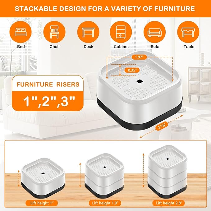 shouwuhho 24 Pack Furniture Risers Adjustable Bed Risers Heavy Duty Lifts Height 1", Square Stackable Bed Risers 1, 2 or 3 Inch for Desk Leg Table Couch Sofa Chair Bed Frame Legs Dorm, White