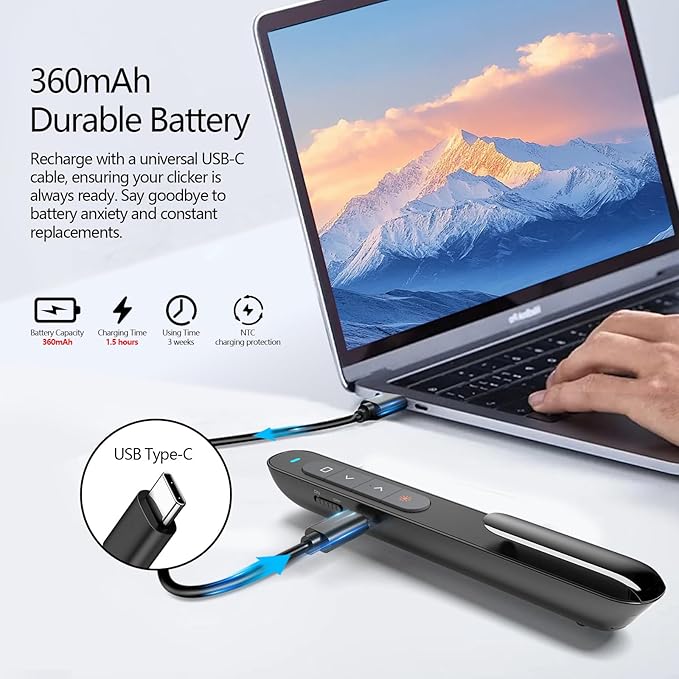 Norwii Rechargeable Bluetooth Presentation Clicker with Green Pointer, Wireless Presenter, PowerPoint Presentation Remote, Slide Clicker with 328ft Range for Teacher and Presenter, macOS Applicable