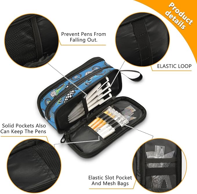 BOENLE Colorful Motorcycle Pencil Case Box Boys Girls Large Pencil Pouch with Zipper Compartments Big Capacity Stationery Pen Bag Organizer for Kids Teens Adults School