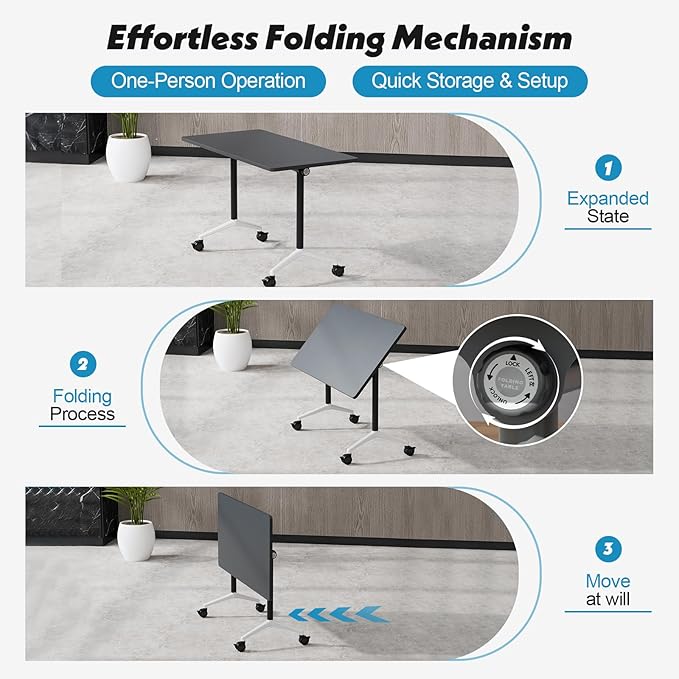 Goakwwuz Conference Room Table, Folding Conference Tables,Thicken Grey Tabletop,Flip Top Wooden Seminar Meeting Room Table for Conference Room Offices (10, Black, 55.1”)