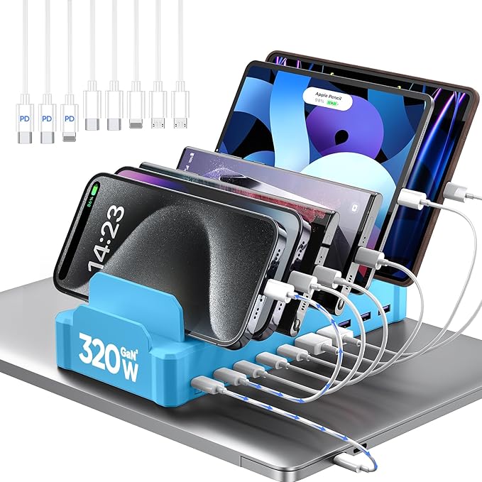 320W Charging Station for Multiple Devices, Zobirez 10-Port USB C Fast Charger Stations for MacBook, iPhone, Android Cell Phone, iPad, Tablet, Family Multi-Device Organizer Charging Dock, Blue