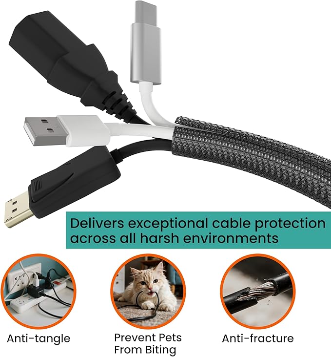 Cable Management Sleeve 10ft (120 inch) - 1/2 inch, PET Expandable Braided Cord Organizer, Split Wire Loom Tubing Reversible Cord Protector for TV USB PC Ethernet Cable Hider Protect Pets Kids