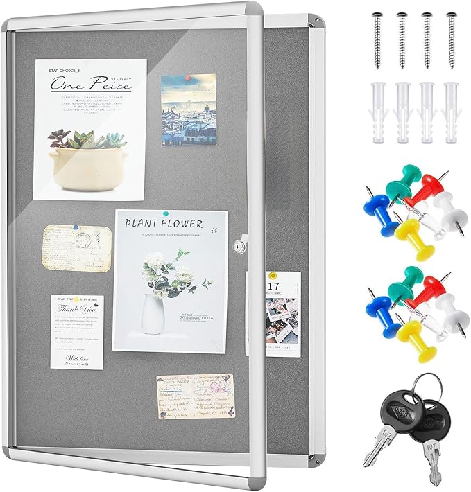 Geetery 36 x 24 Inch Enclosed Bulletin Board with Locking Door Fabric Cork Outdoor Bulletin Board Lockable Display Case, Tamperproof Aluminium Frame Noticeboard Wall-Mounted for School, Office (Gray)