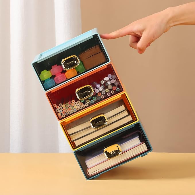 Spacious Desk Drawers, Stackable Desktop Organizer, Plastic Storage Box for Office, School & Home Supplies (4 Small Drawers, BU & CYAN)