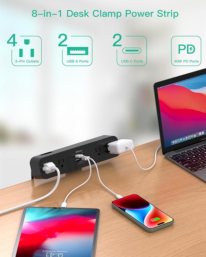 PD40W Desk Clamp Power Strip, Desktop Mount Surge Protector, Fast Charging Station, 5Ft Extension Cord Desk Mount Shelf with 4 Outlets 4 USB Ports (2 USB C), Home Office Accessories Essentials, Black