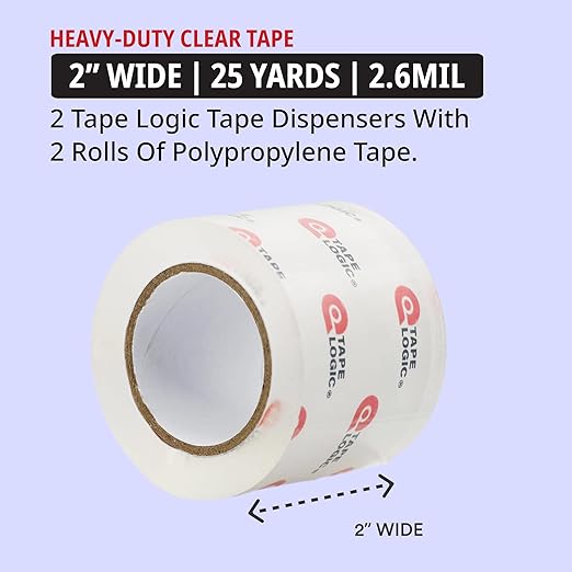Tape Logic Heavy Duty 2in x 25yd Clear Packaging Tape with Dispenser (2-Pack), Strong Clear Packing Tape Roll Ideal for Shipping & Moving Boxes