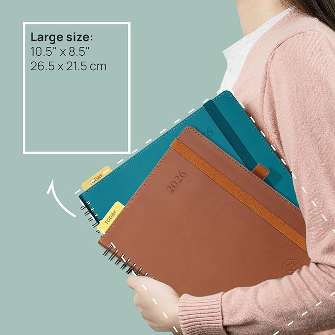 POPRUN Monthly Planner 2025-2026 Spiral Bound (8.5'' x 10.5'') 18 Months Calendar (Jul 2025 - Dec 2026) - 4 Pages per Month with Monthly Expense & Notes, Sunday Start, Leather Cover - Pacific Green