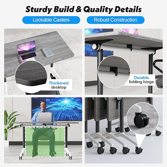 Goakwwuz Conference Room Table, Folding Conference Tables,Thicken Grey Tabletop,Flip Top Wooden Seminar Meeting Room Table for Conference Room Offices (8, Grey, 55.1”)