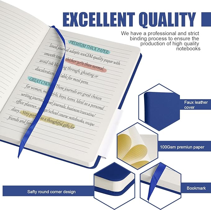 EMOMAS Lined Journal Notebook, 10Pack Hardcover Notebook for Men & Women – Journals for Writing, Work, School, Home & Daily Notes, 160 Pages – Medium A5, 5.7"x8", 100 gsm Thick Paper (Blue)