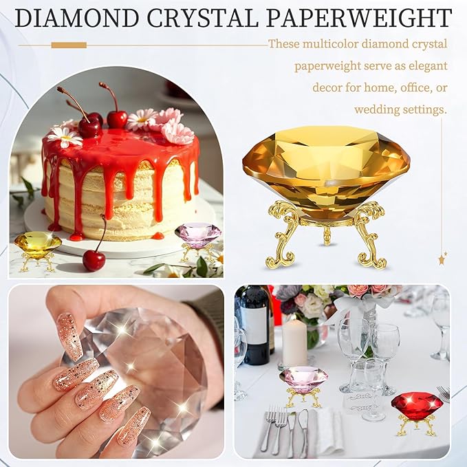 PATIKIL Diamond Crystal Paperweight, 100mm / 3.94" Crystal Paperweight Paper Weight with Gold 25 Metal Base for Home Office Desktop Table Decor Wedding Party Ornaments, Brown