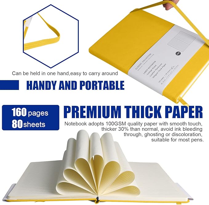EMOMAS Lined Journal Notebook, 6Pack Hardcover Notebook for Men & Women – Journals for Writing, Work, School, Home & Daily Notes, 160 Pages – Medium A5, 5.7"x8", 100 gsm Thick Paper (Bright Yellow)