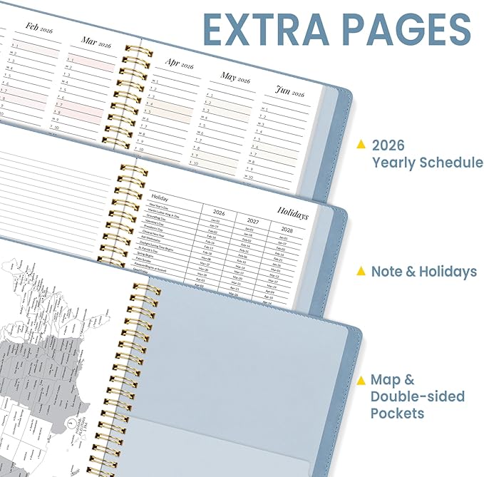 2026 Planner, Annecy Weekly ＆ Monthly Planner 2026, Jan. 2026 – Dec. 2026, 6.4" x 8.5" Monthly Agenda Planner with Tabs, Vegan Leather Cover, Spiral Binding, Double-sided Pocket, Bookmark, Grey Blue